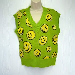 Forever 21 - Happy Times Green With Yellow Smiley Faces Knit Vest Size Small